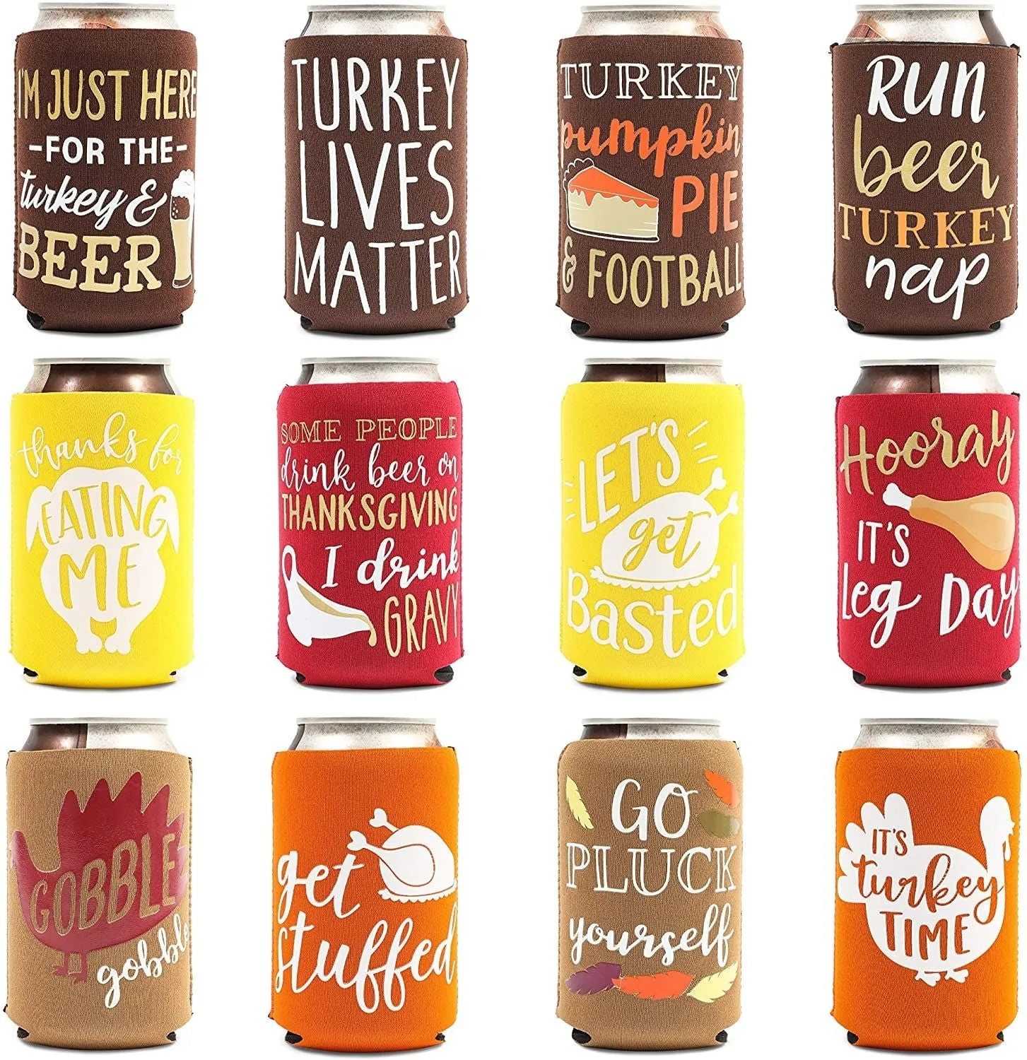 12 oz Thanksgiving Neoprene Can Cooler Sleeves for Soda, Beer, Beverages (12 Pack)