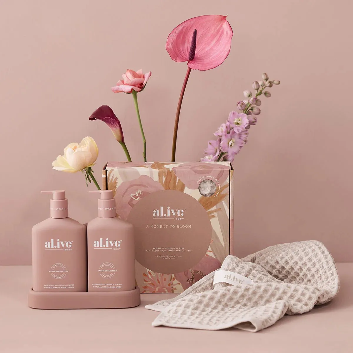 Al.ive Body Wash & Lotion Duo   Waffle Towel Gift Set - Raspberry Blossom & Juniper