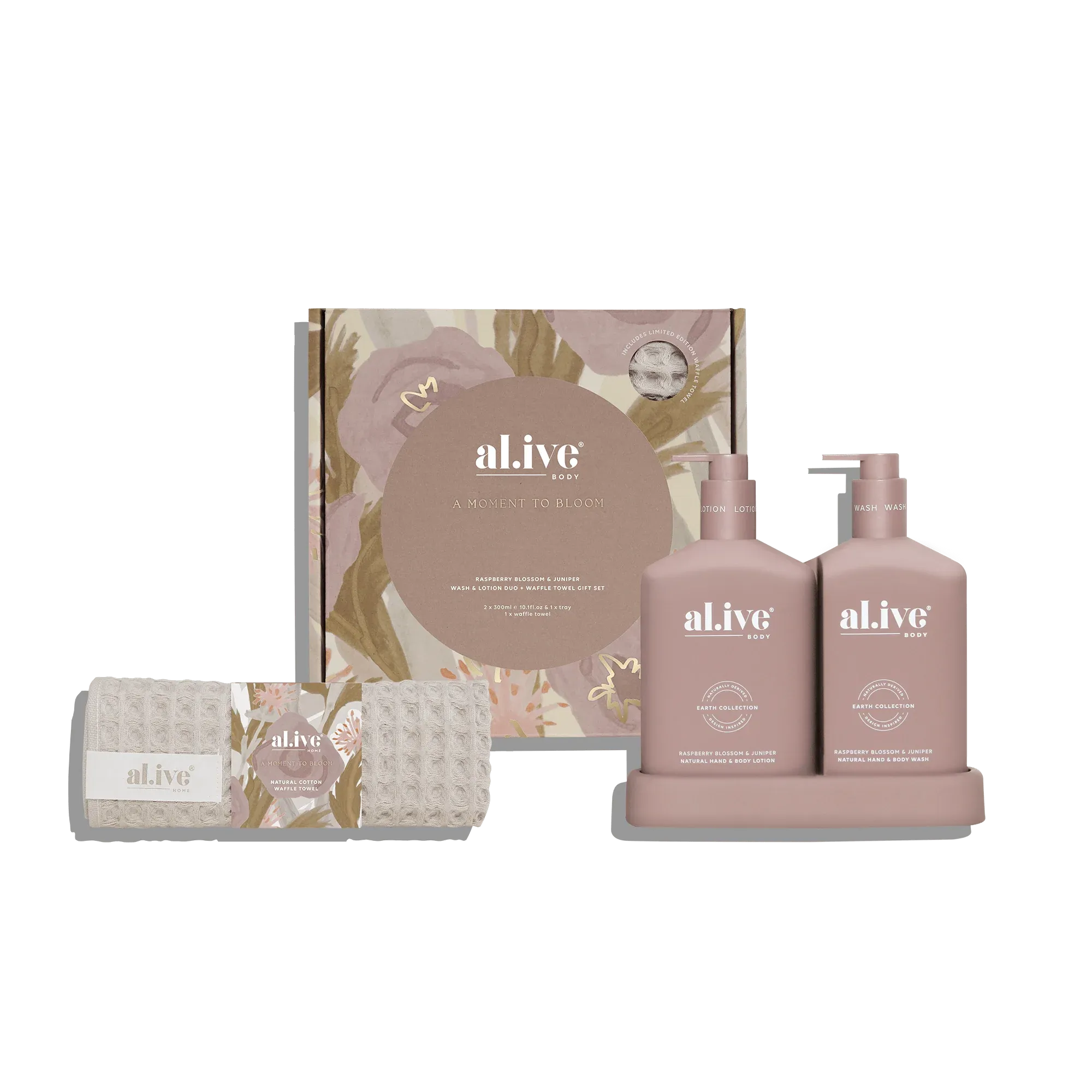 Al.ive Body Wash & Lotion Duo   Waffle Towel Gift Set - Raspberry Blossom & Juniper