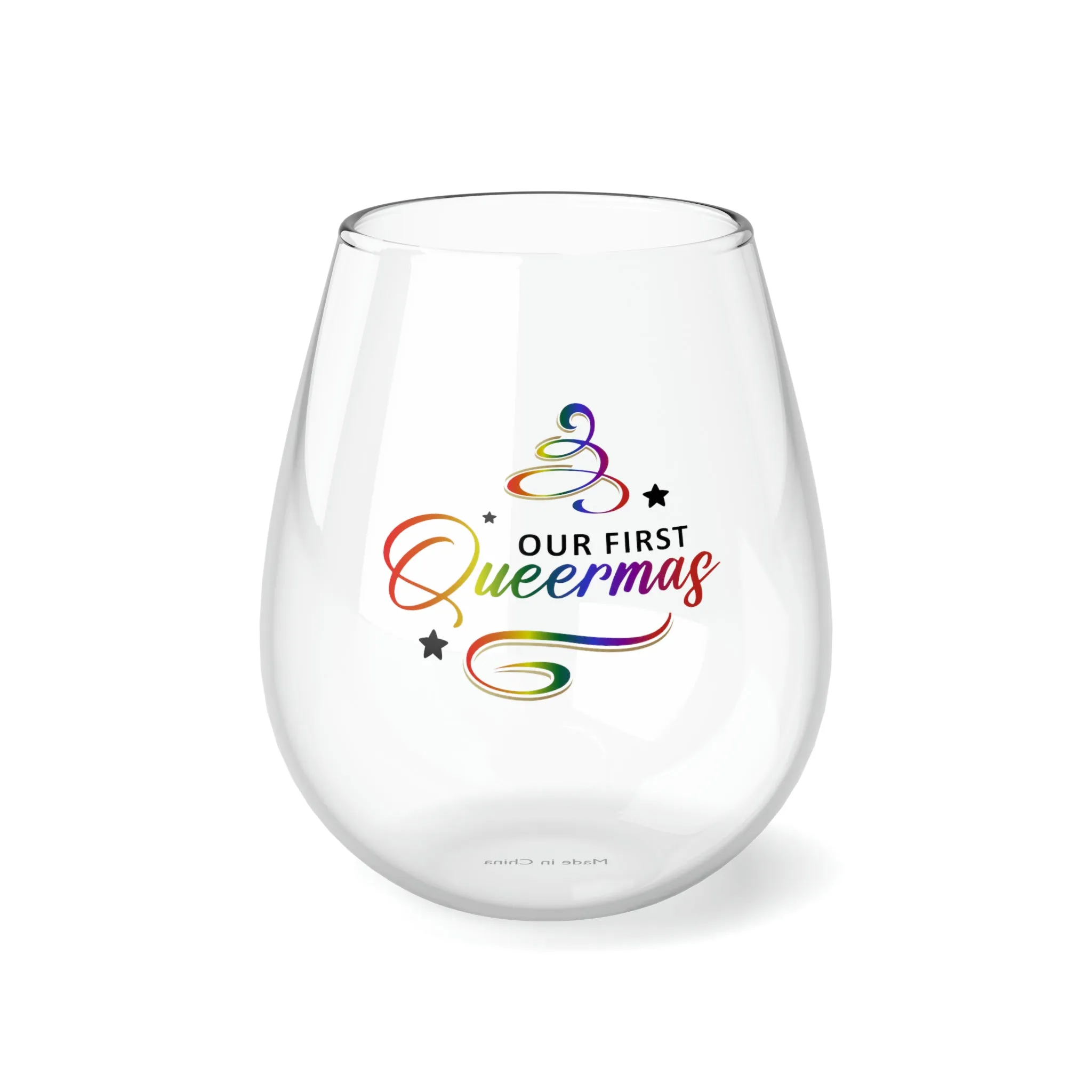 Christmas LGBTQ Stemless Wine Glass, Our First Queermas