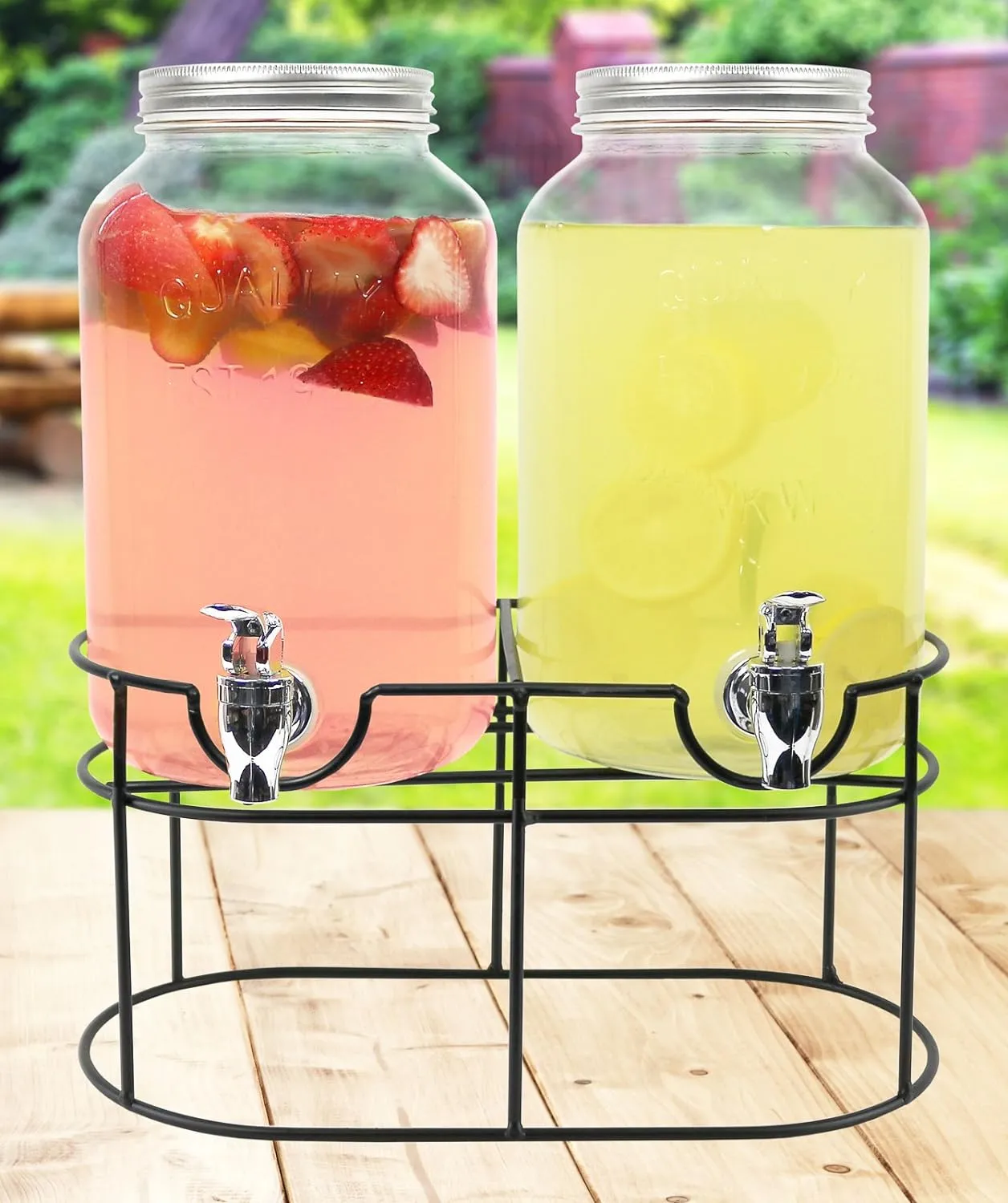 Glass Double Drink Dispenser With Stand - Set Of 2, 1 Gallon Glass Beverage