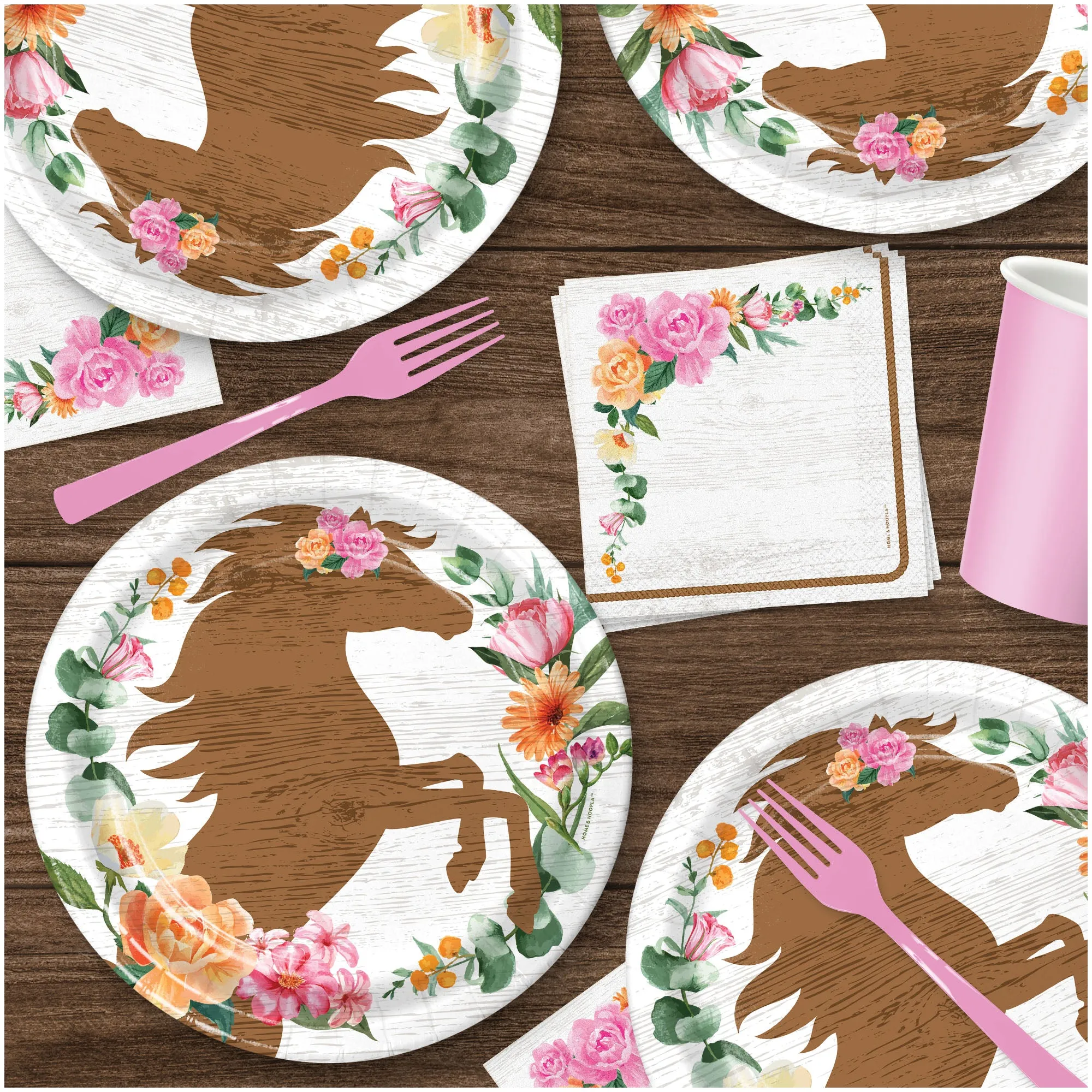 Horse Party Wood Silhouette Floral Paper Plates and Sweet Floral Napkins (Serves 16)