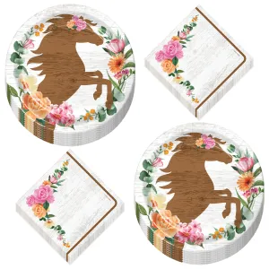 Horse Party Wood Silhouette Floral Paper Plates and Sweet Floral Napkins (Serves 16)