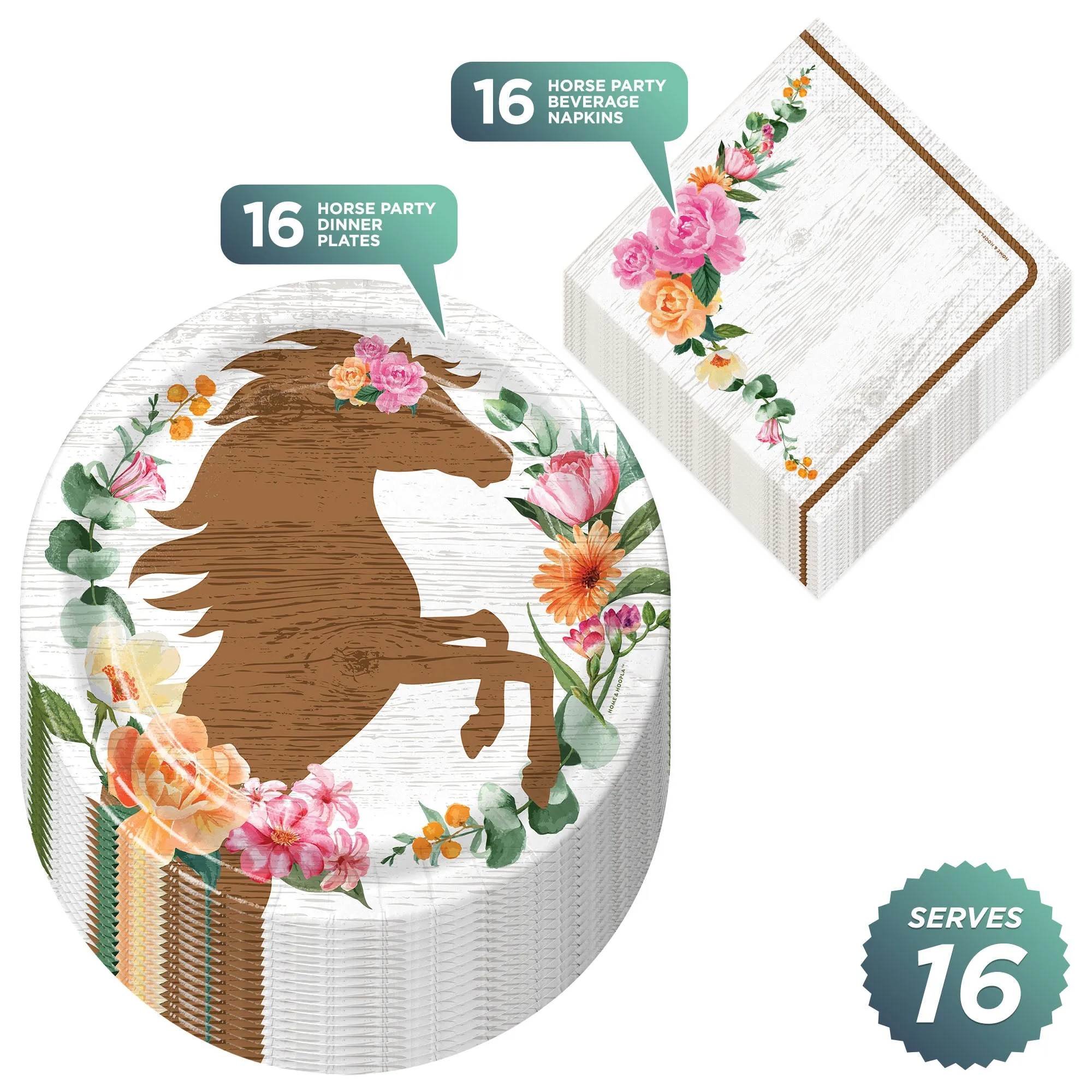 Horse Party Wood Silhouette Floral Paper Plates and Sweet Floral Napkins (Serves 16)