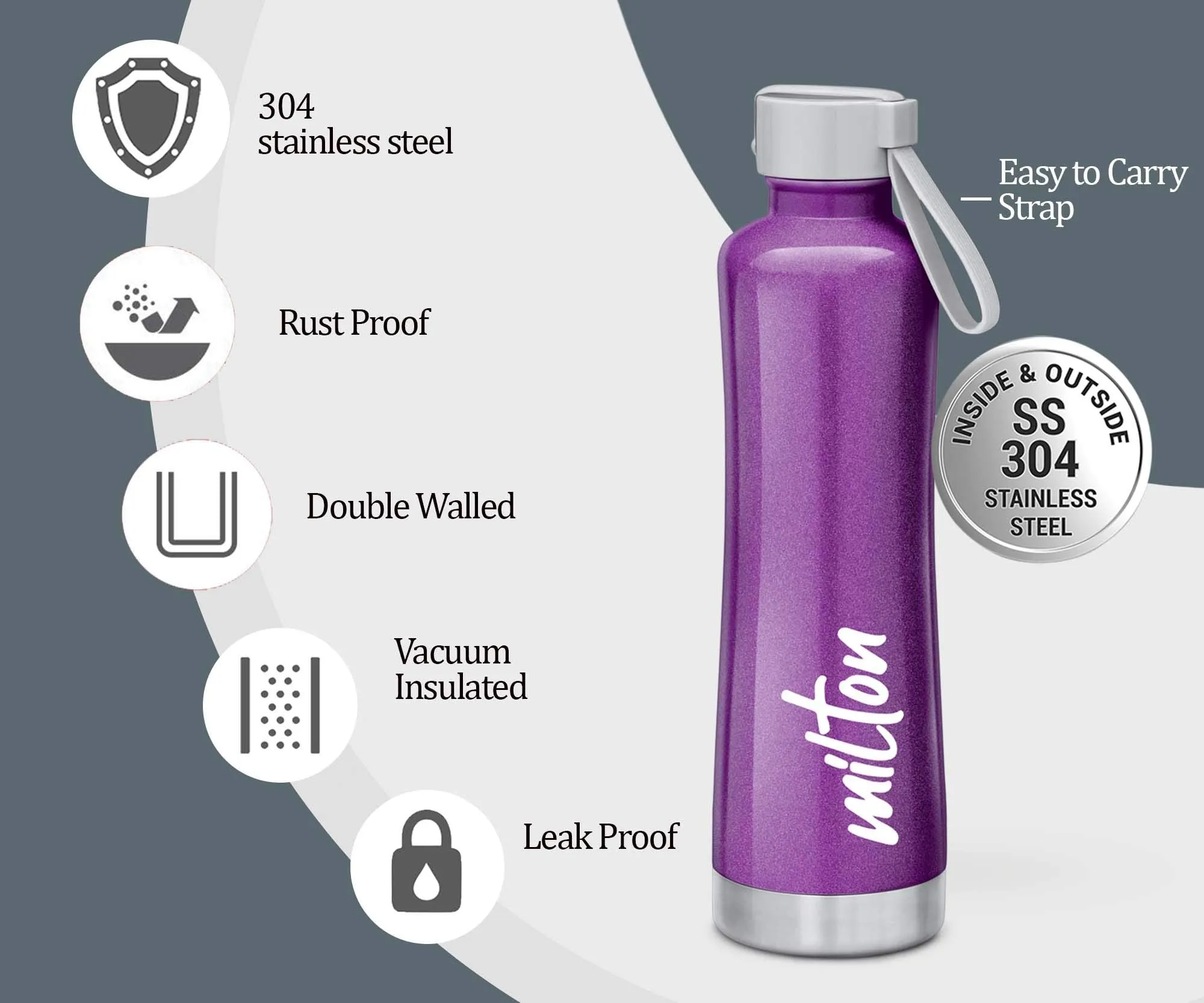 Milton New Tiara 600 Thermosteel 24 Hours Hot & Cold Water Bottle, 490 ml, Purple