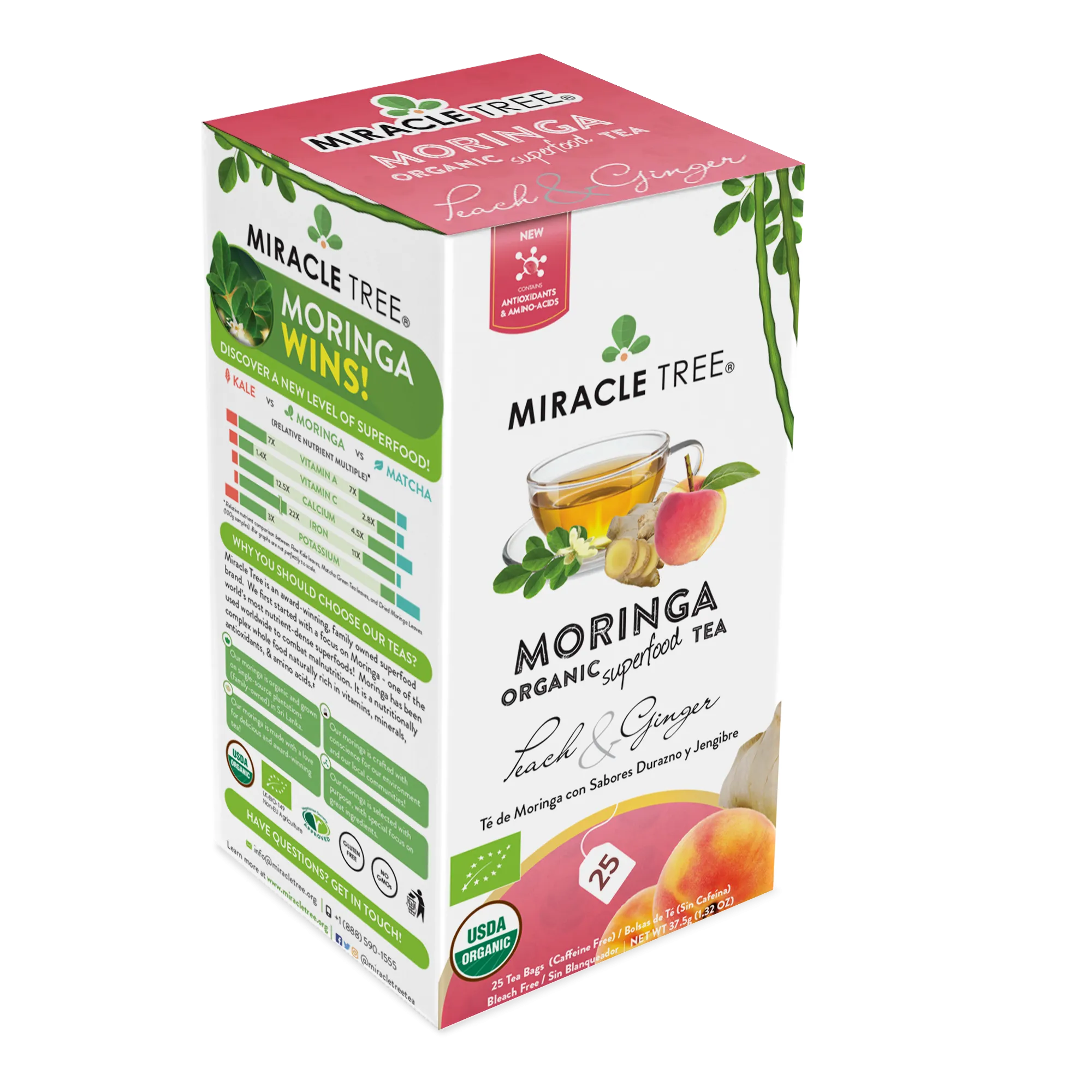 Miracle Tree's Organic Moringa Tea, Peach & Ginger