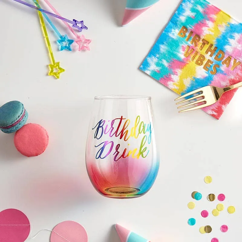 Stemless Wine Glass - Rainbow Birthday Drink